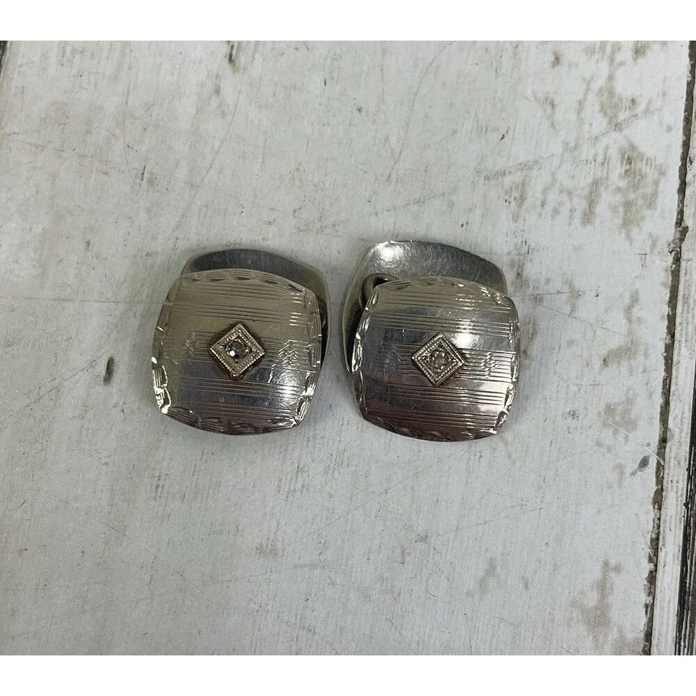 Antique Art Deco 10K White Gold Cufflinks Etched 3.3g Vintage Fine Men's Tuxedo
